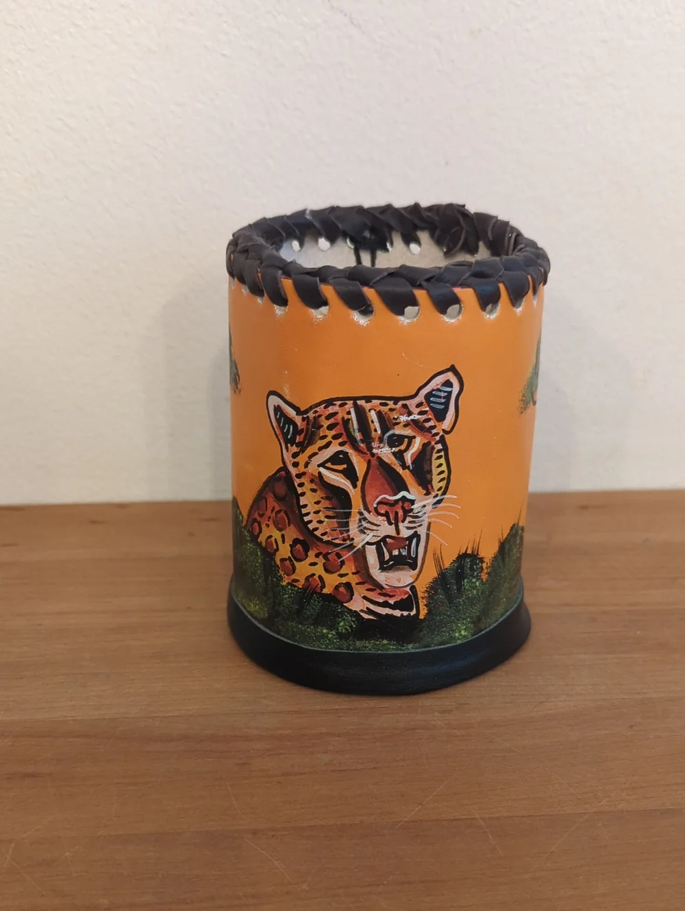 Hand-Painted Orange Jaguar Leather Pencil Holder -